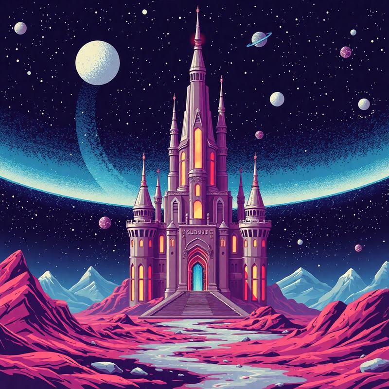 Futuristic Sci-Fi Castle in Space - Retro Graphics Futuristic Sci-Fi Castle in Space - Retro Graphics
