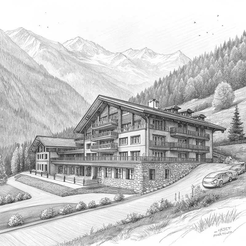 Luxury Mountain Hotel Architectural Sketch Luxury Mountain Hotel Architectural Sketch