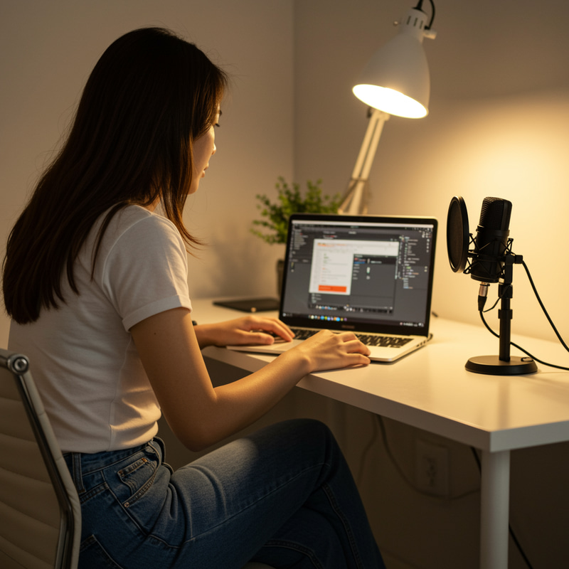Young Man at Desk with Laptop and Microphone