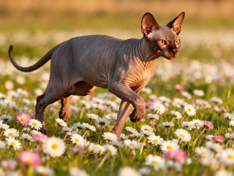 Sphynx Cat Running in a Daisy Field