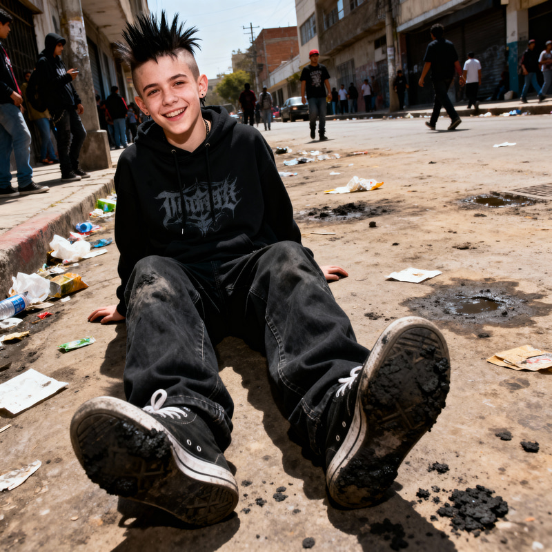Teen Boy with Dirty Feet in Urban Street Scene