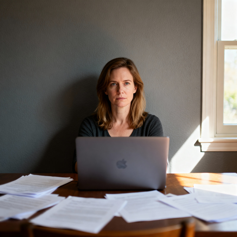 Focused Woman at Desk with Laptop and Papers