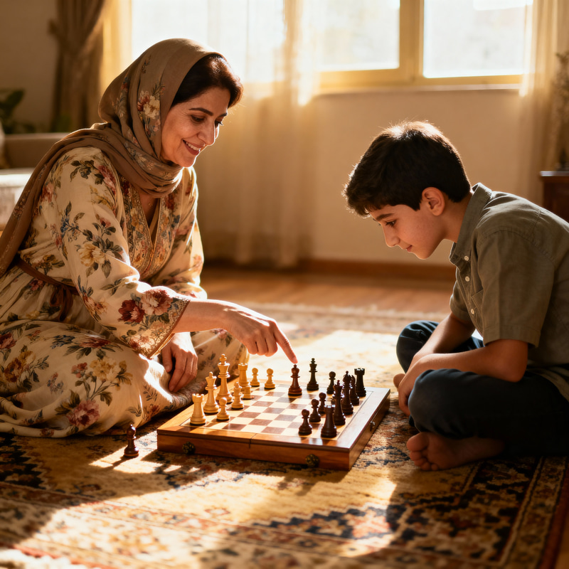 Iranian Mother and Son Enjoy Chess Together Iranian Mother and Son Enjoy Chess Together