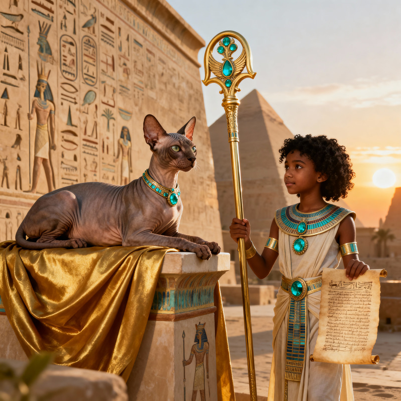 Majestic Sphinx Cat and Egyptian Girl Art