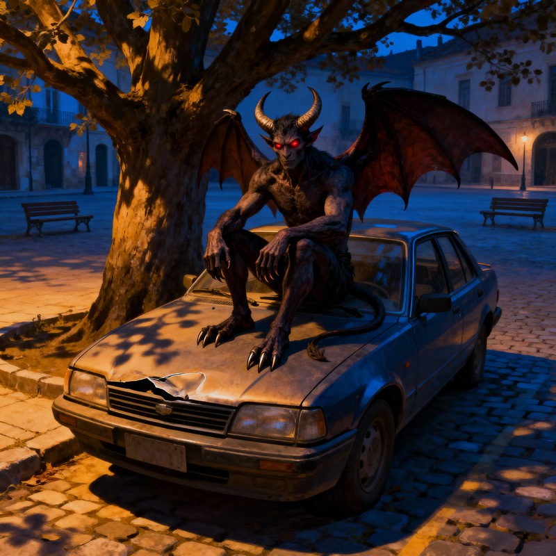 Demon on Car Hood Under Tree Demon on Car Hood Under Tree