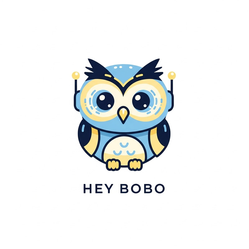 Hey Bobo Logo: Friendly Robot-Owl Mascot Design Hey Bobo Logo: Friendly Robot-Owl Mascot Design