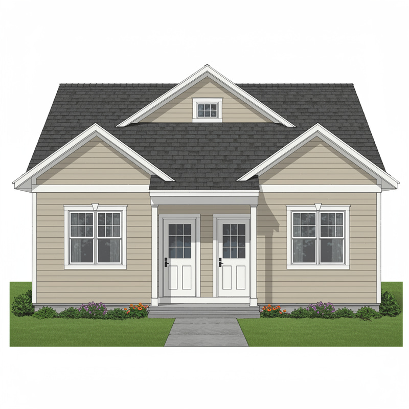 Single-Story House Facade with Windows and Doors Single-Story House Facade with Windows and Doors