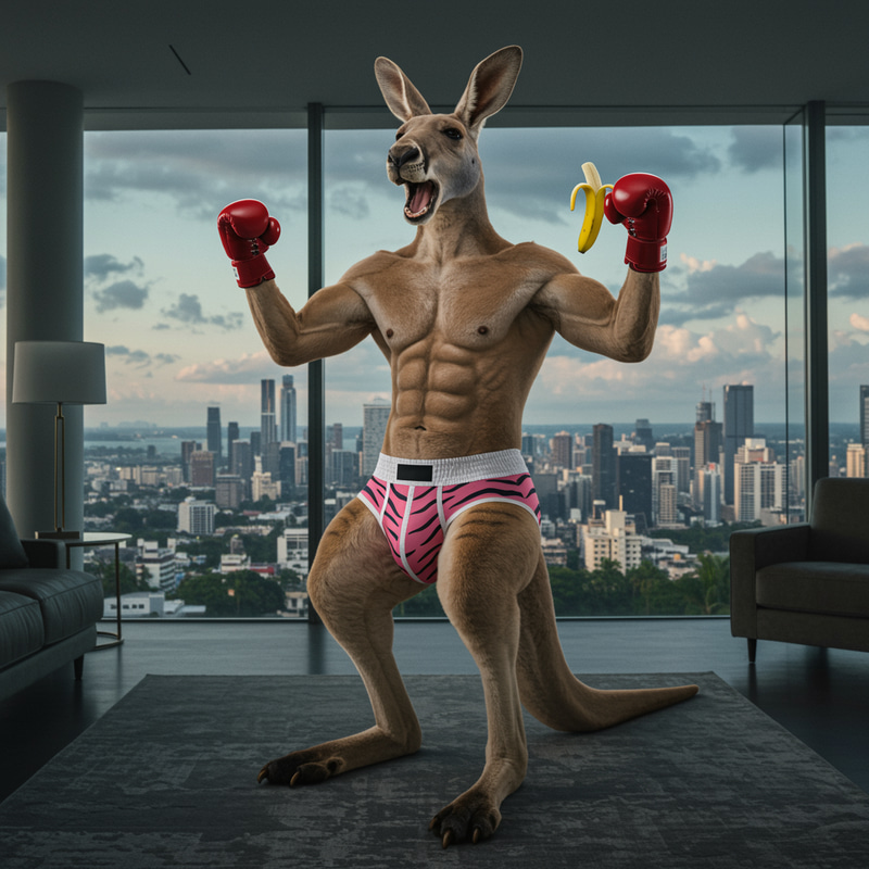 Boxer Kangaroo in Pink Tiger Briefs Celebrating Eureka Boxer Kangaroo in Pink Tiger Briefs Celebrating Eureka