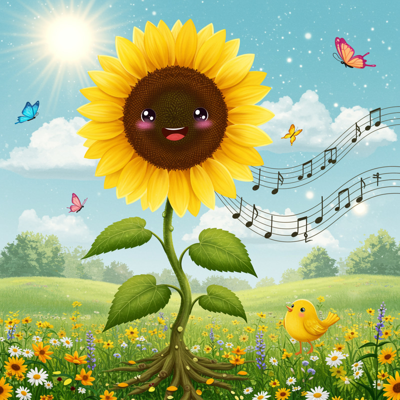 Kawaii Sunflower with Musical Roots and Happy Face Kawaii Sunflower with Musical Roots and Happy Face
