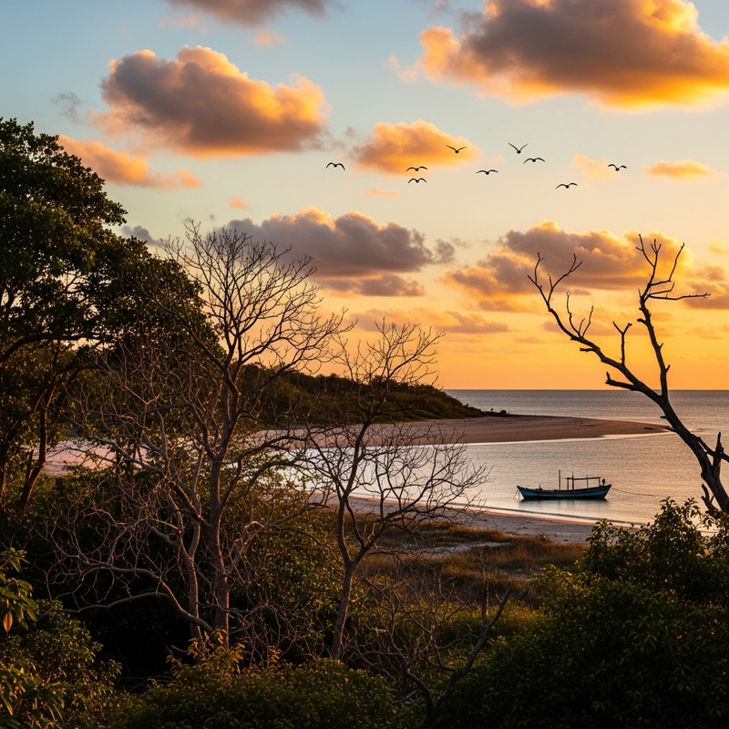 Scenic Sunset Over Dry Forest and Distant Beach