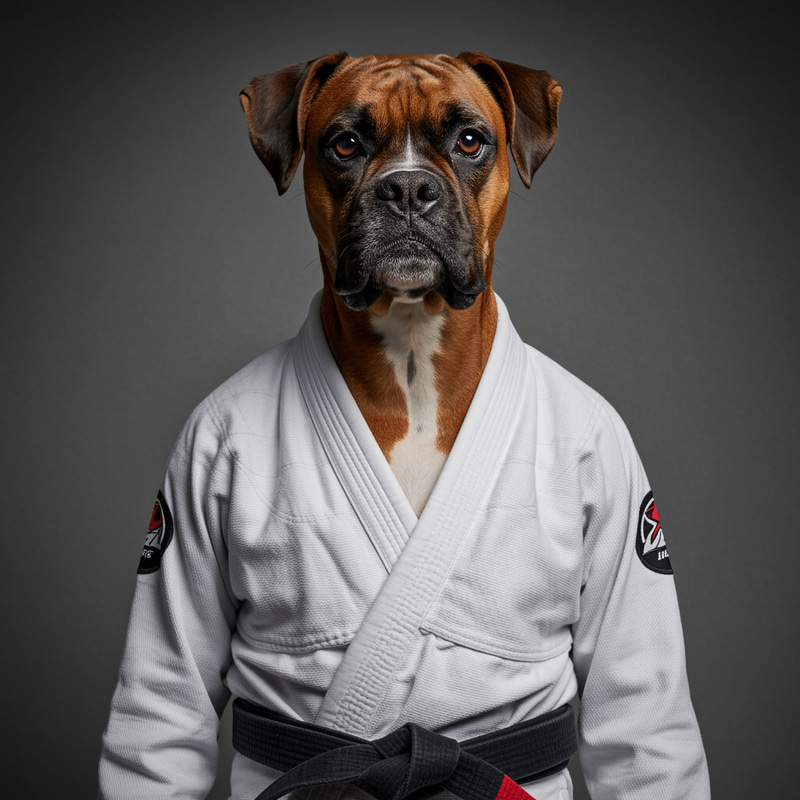 Serious Boxer Dog in BJJ Gi and Black Belt Serious Boxer Dog in BJJ Gi and Black Belt