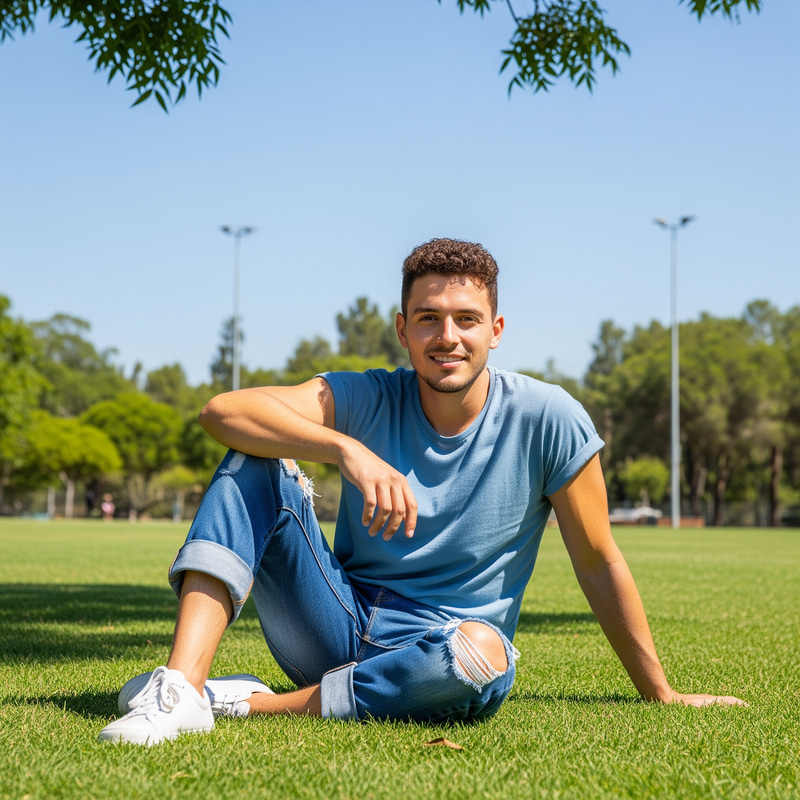 Casual Park Vibes: Young Man on Grass