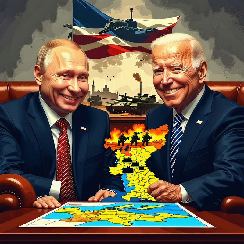 Putin and Biden Smiling, Map of Ukraine with War Imagery Putin and Biden Smiling, Map of Ukraine with War Imagery