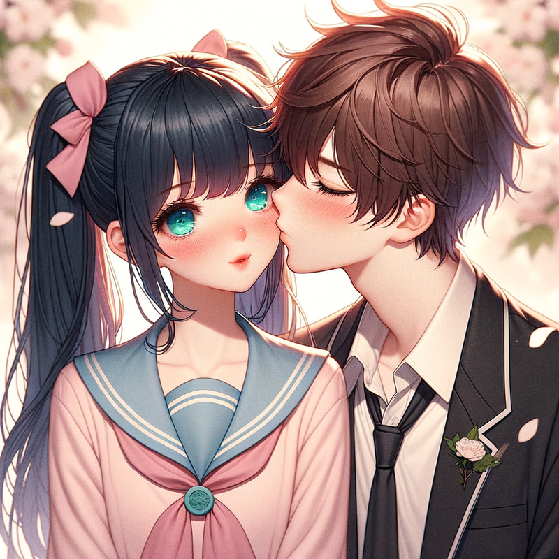 Anime Girl and Boy Sharing Innocent Kiss | East Asian Illustration Anime Girl and Boy Sharing Innocent Kiss | East Asian Illustration