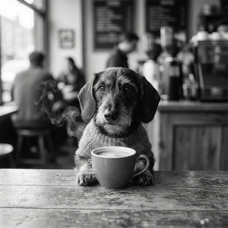 Dachshund with Coffee: Adorable Black & White Photo Dachshund with Coffee: Adorable Black & White Photo