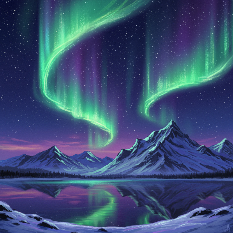 Ethereal Northern Lights Over Snowy Mountains