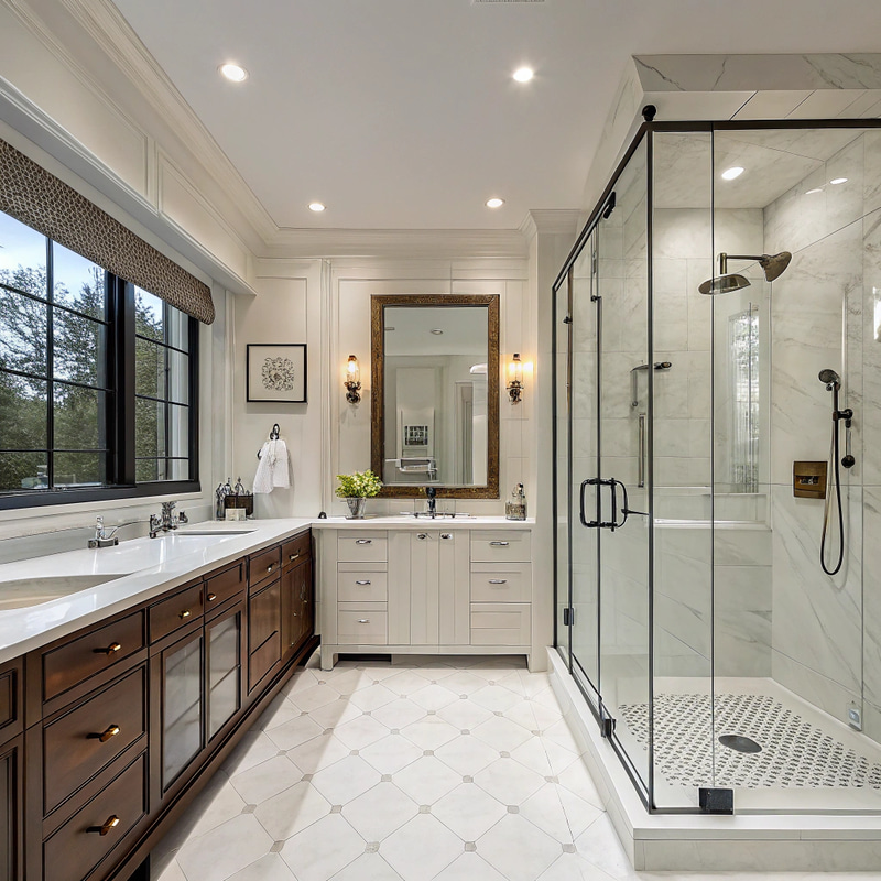 Stylish Master Bathroom with Walk-In Shower & Vanity Stylish Master Bathroom with Walk-In Shower & Vanity