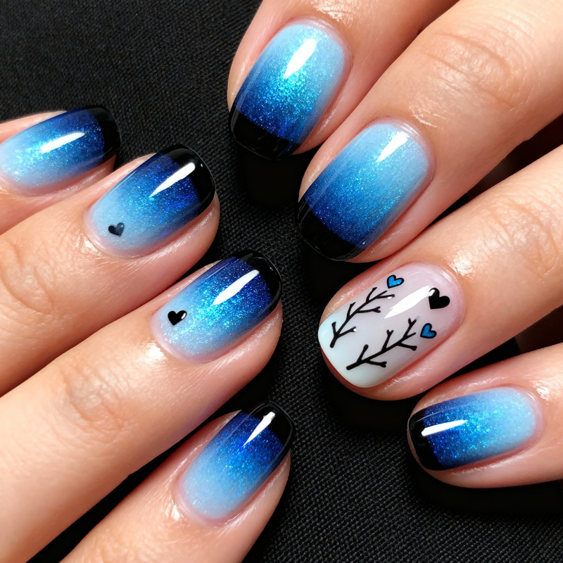 Blue Gradient Nail Design with Hearts Blue Gradient Nail Design with Hearts