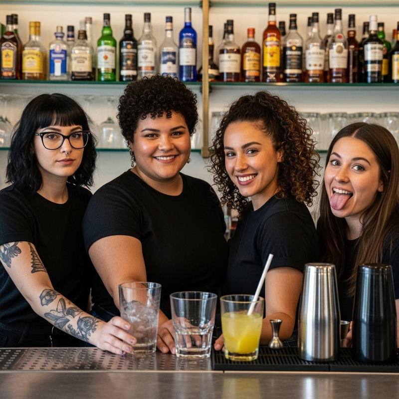 Four Stylish Women Behind a Bar Counter