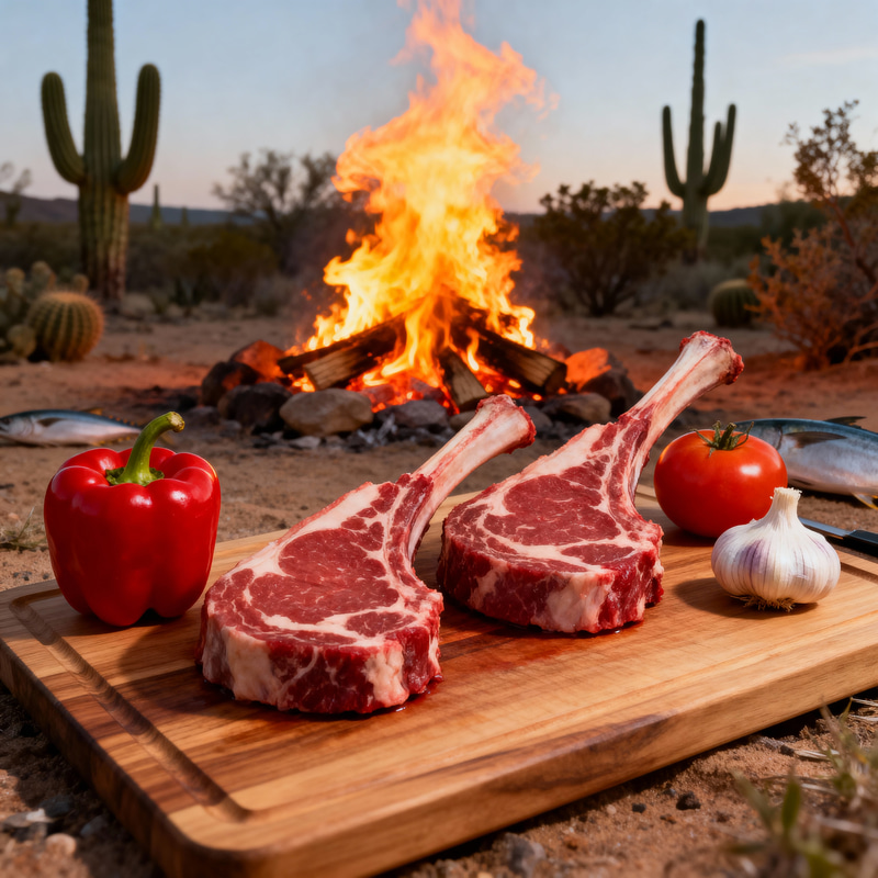 Stunning Raw Tomahawk Steaks with Campfire Background Stunning Raw Tomahawk Steaks with Campfire Background