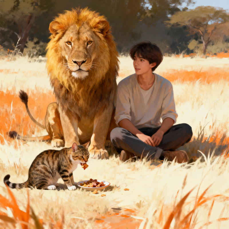 Lion and Cat Eating with a Person Lion and Cat Eating with a Person