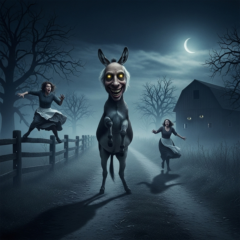 Eerie Night Scene: Distorted Donkey Encounter Eerie Night Scene: Distorted Donkey Encounter