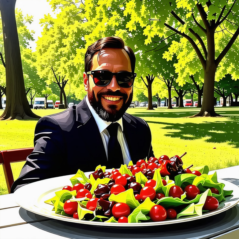 Stylish Tom Ford Enjoying Salad and Shashlyk Outdoors