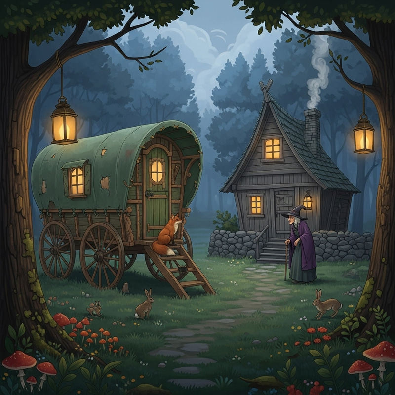 Enchanting Dusky Woodland Scene with Caravan & Cottage Enchanting Dusky Woodland Scene with Caravan & Cottage