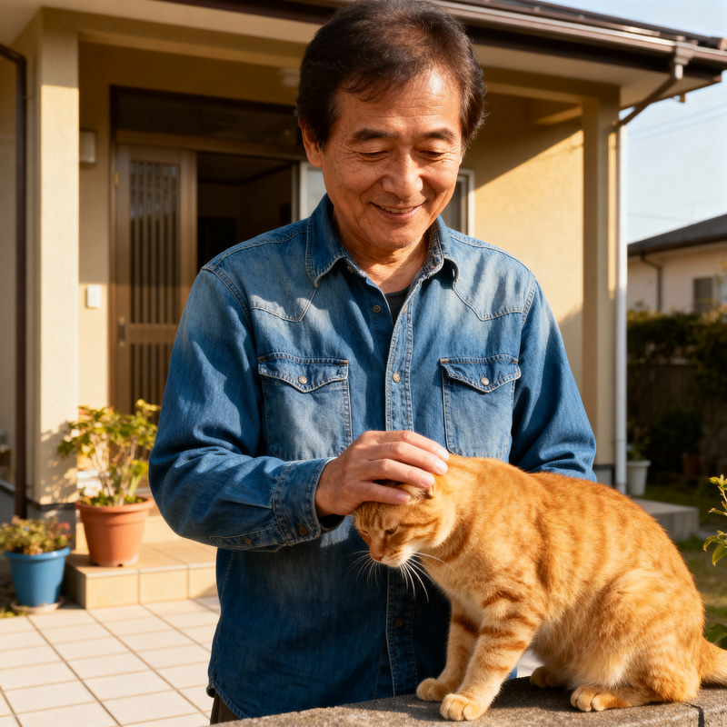 Father Petting an Orange Cat in Denim Shirt Father Petting an Orange Cat in Denim Shirt