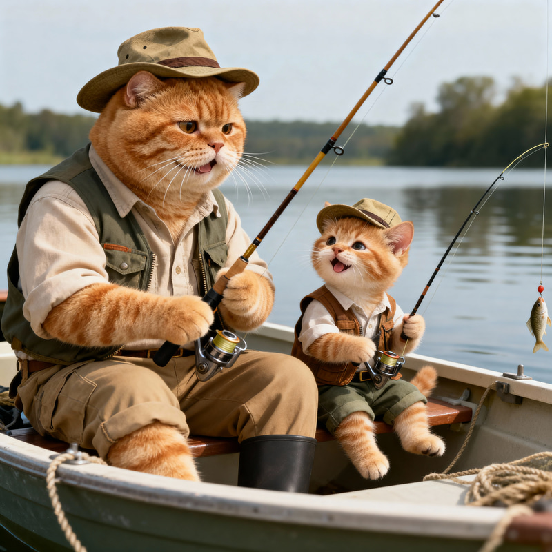 Fishing Fun: Father and Son Cats in a Boat