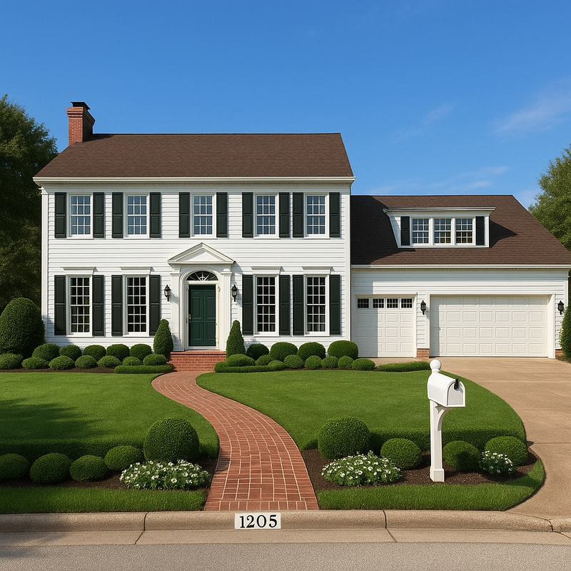 Elegant White Colonial Home with Green Landscaping