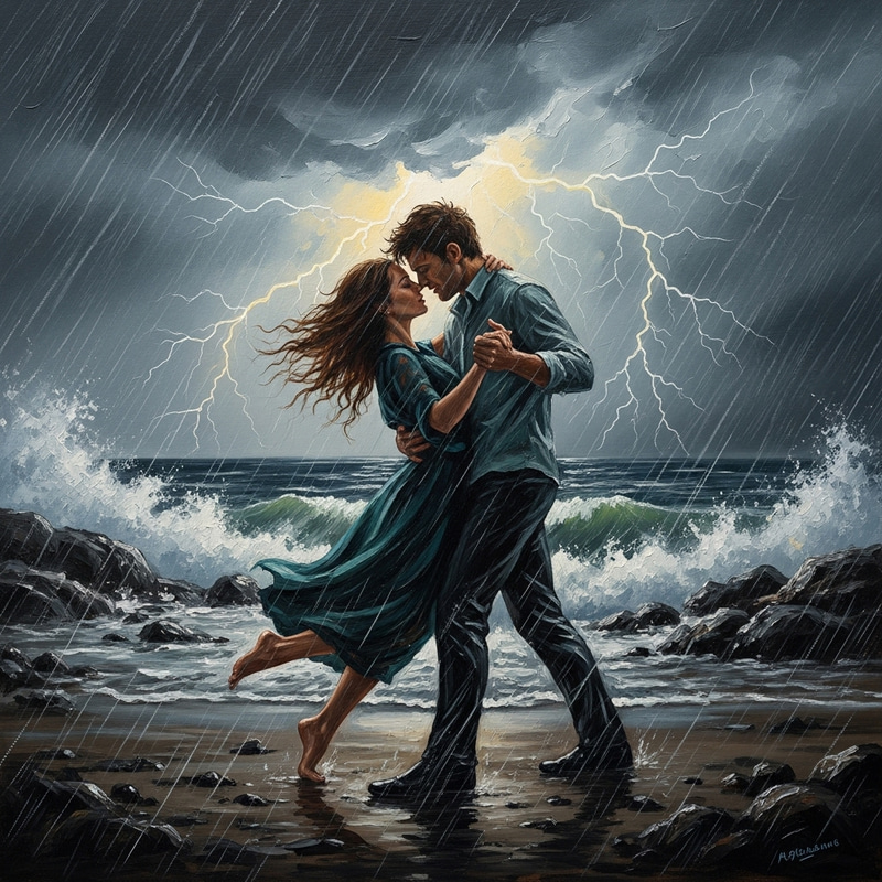 Couple Dancing in a Storm - Captivating Oil Painting