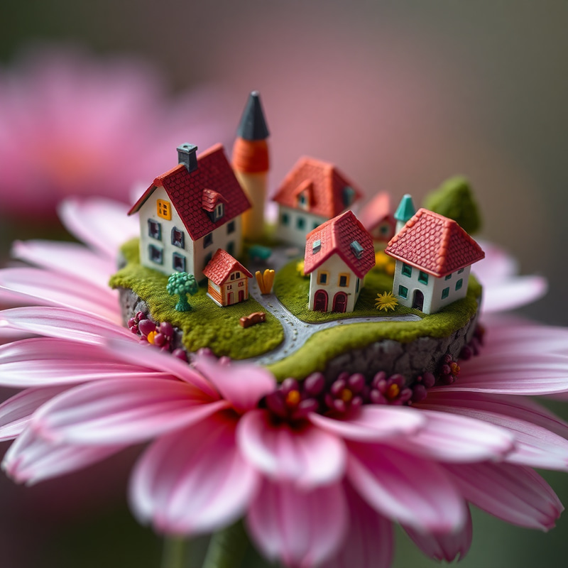 Stunning Macro Photography: Miniature Village on Flower Stunning Macro Photography: Miniature Village on Flower