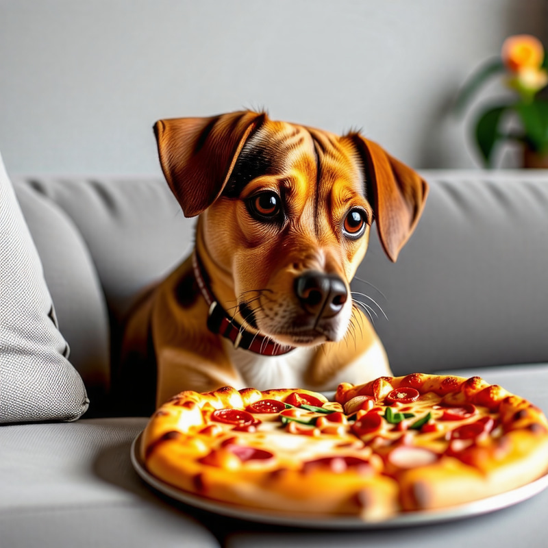 Cute Dog Eating Pizza on Sofa Cute Dog Eating Pizza on Sofa