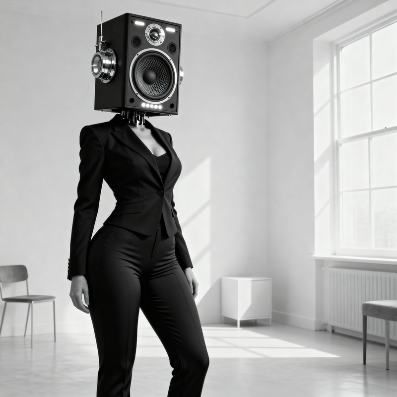 Woman with Speaker Head in Minimalist Room Woman with Speaker Head in Minimalist Room
