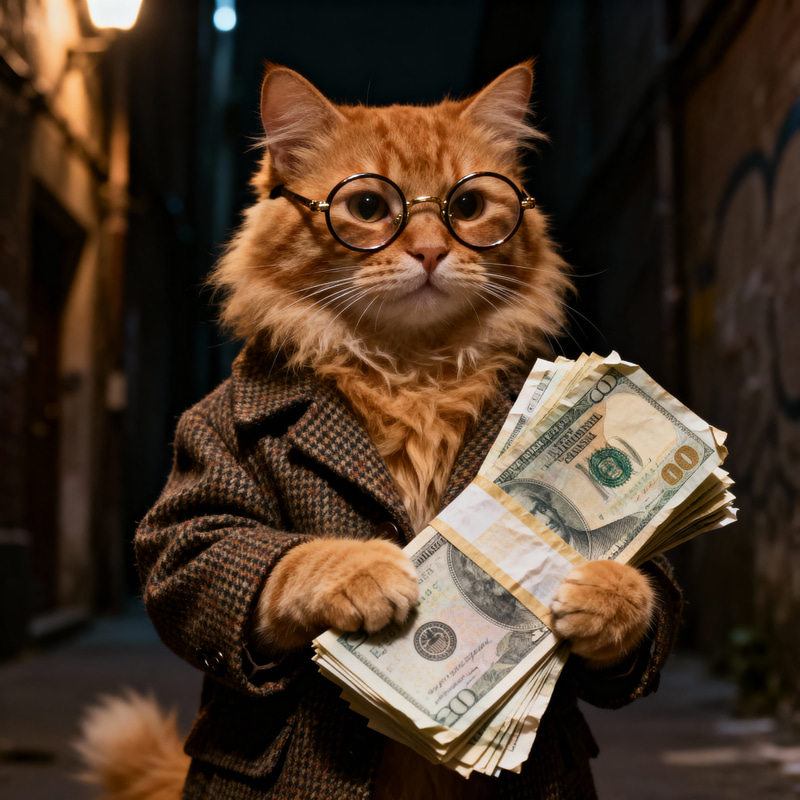Cool Cat in Vintage Gear Holding Cash