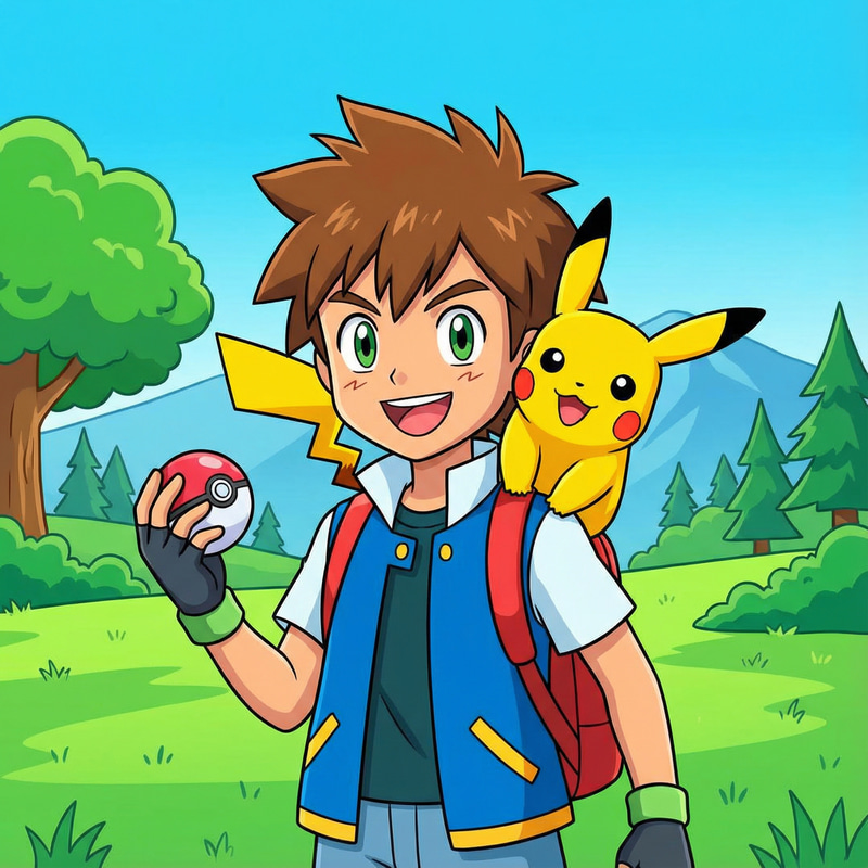 Cartoon Pokemon Trainer with Green Eyes and Brown Hair Cartoon Pokemon Trainer with Green Eyes and Brown Hair