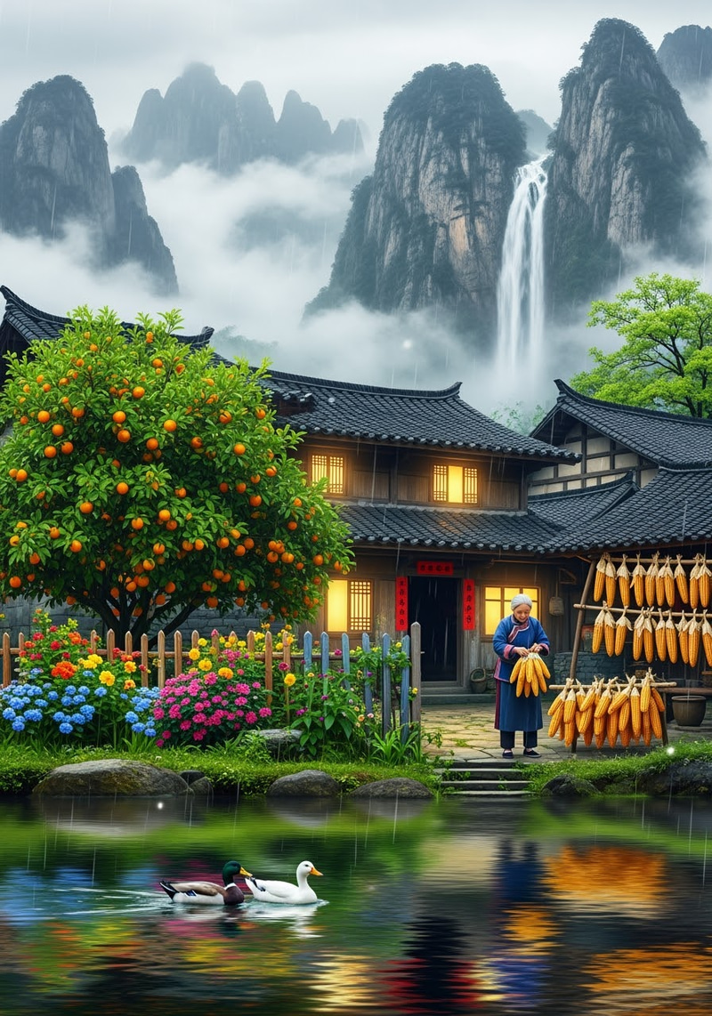 Tranquil East Asian Village Scene Digital Art