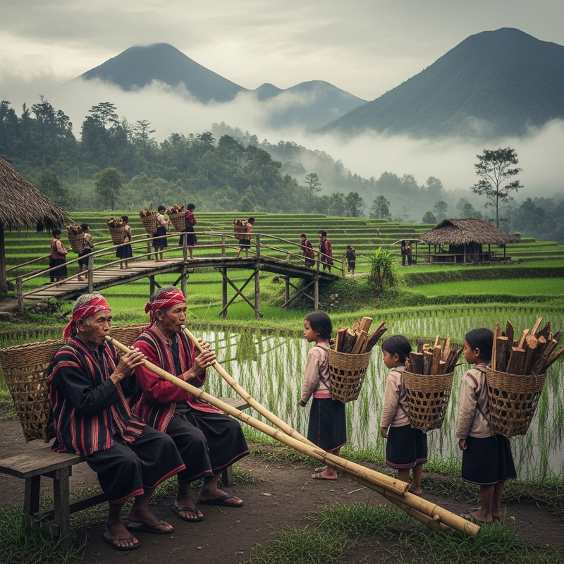 Cultural Village Scene with Bamboo Flutes