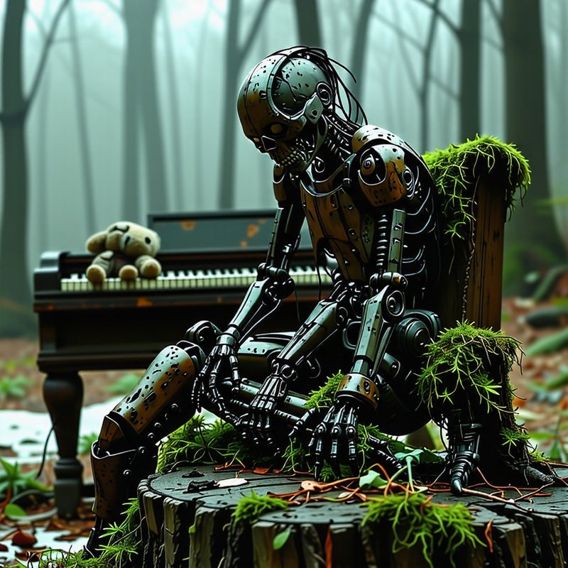 Creepy Rust-Covered Cyborg and Doll on Old Stump Creepy Rust-Covered Cyborg and Doll on Old Stump