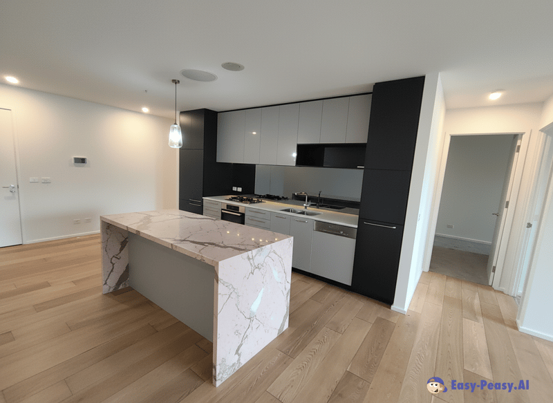 Upgrade Your Kitchen: Grey Cupboards & Pink Marble Island Upgrade Your Kitchen: Grey Cupboards & Pink Marble Island