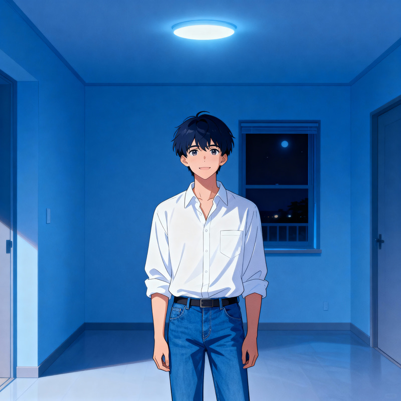 Friendly Anime Young Man Portrait in Minimalist Room