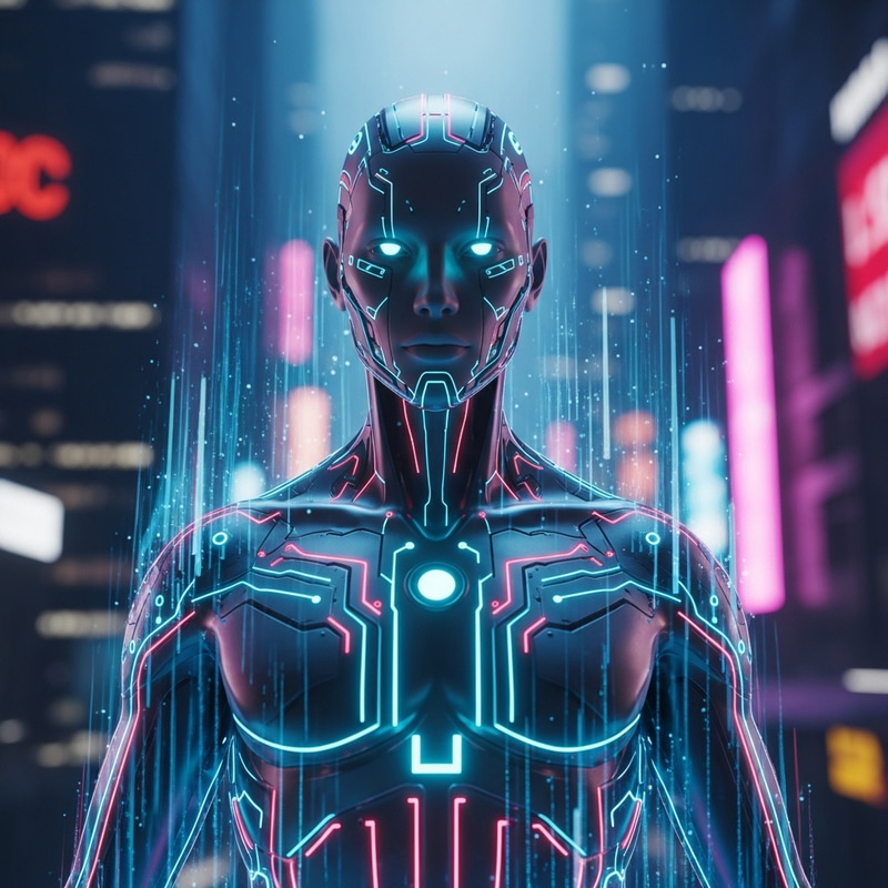 Futuristic AI Character with Holographic Features