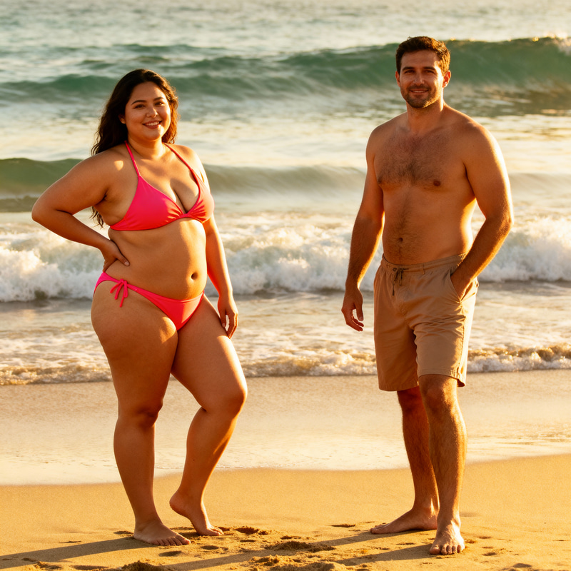 BBW Bikini Couple in Shorts BBW Bikini Couple in Shorts