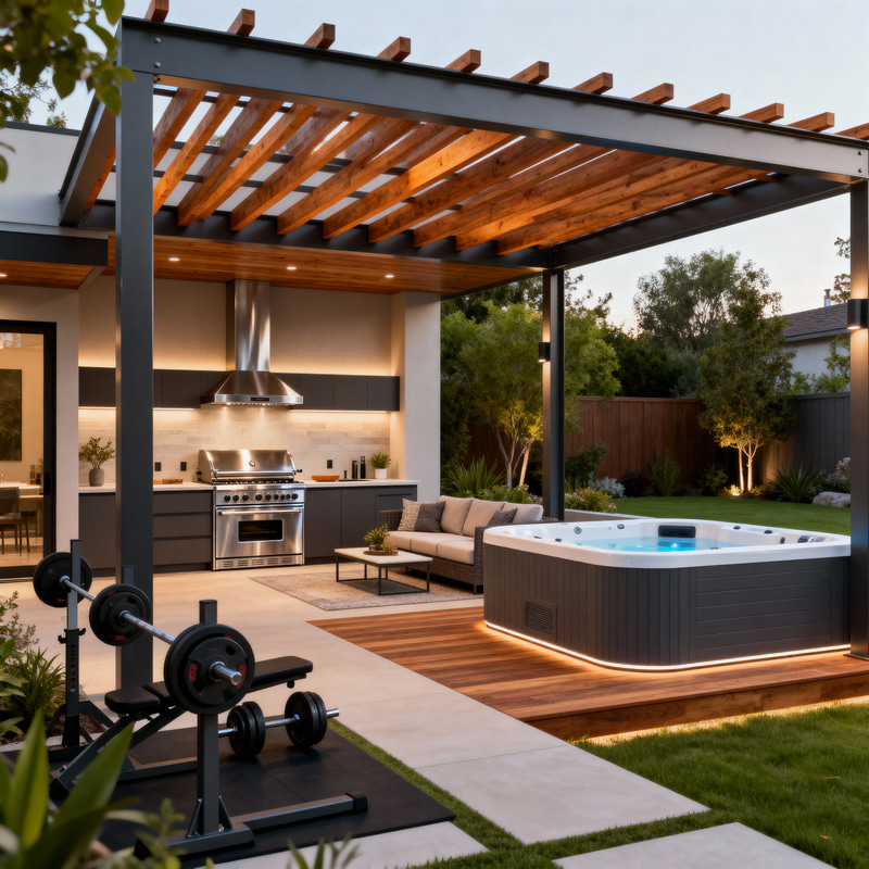 Modern Backyard Patio Design with BBQ and Jacuzzi Modern Backyard Patio Design with BBQ and Jacuzzi