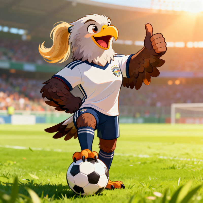 Female Eagle Playing Soccer with Joyful Thumbs Up