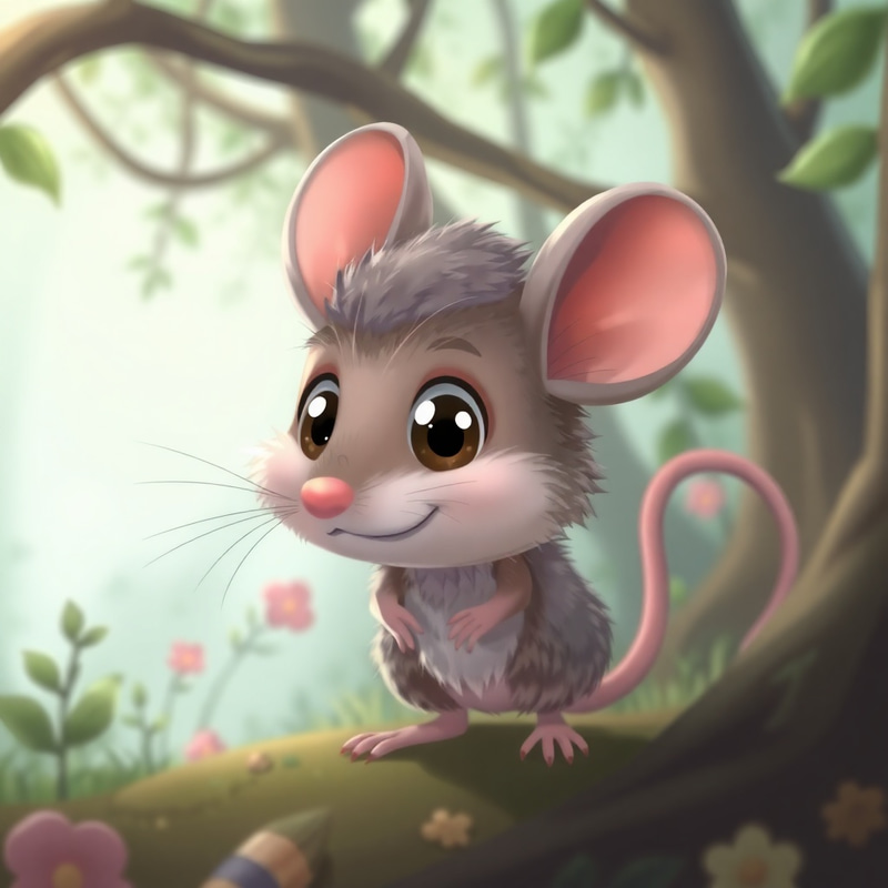 Whimsical Cartoon Mouse in a Magical Forest Whimsical Cartoon Mouse in a Magical Forest