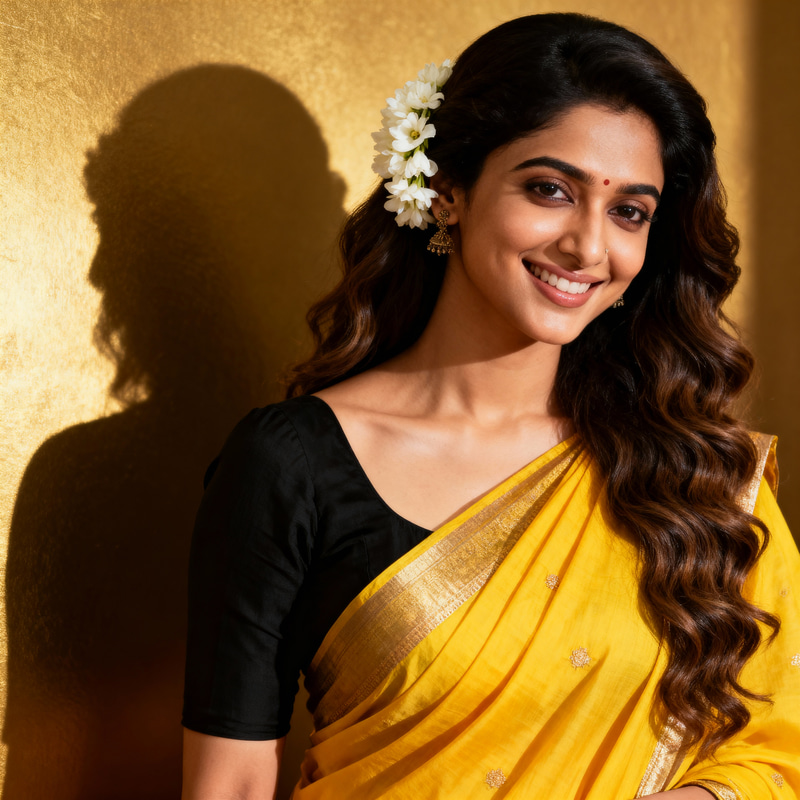 Elegant Yellow Saree Portrait in Cinematic Style
