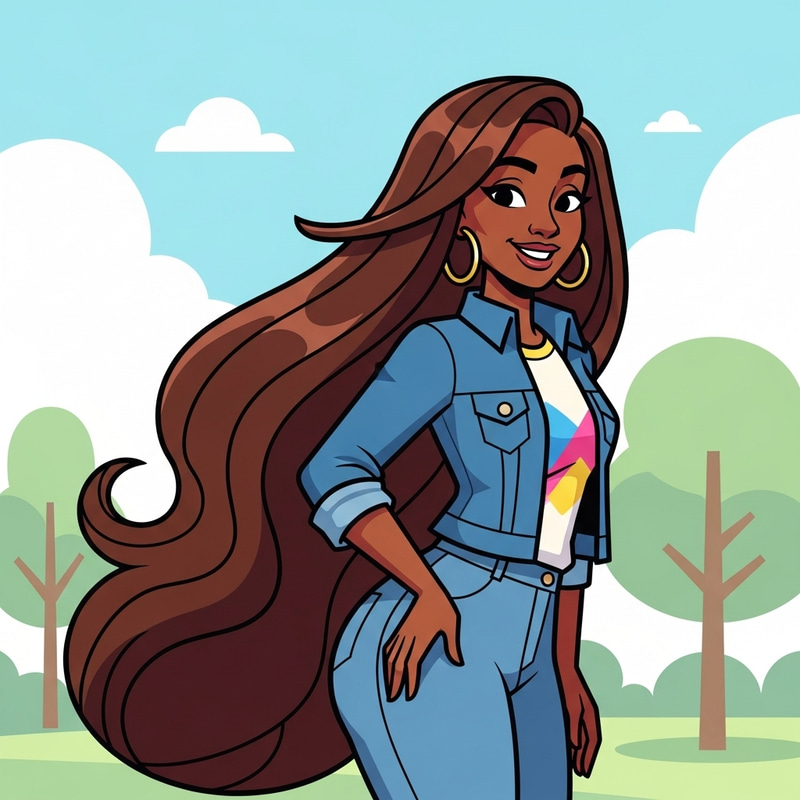 Black Cartoon Girl with Long Brown Hair Black Cartoon Girl with Long Brown Hair