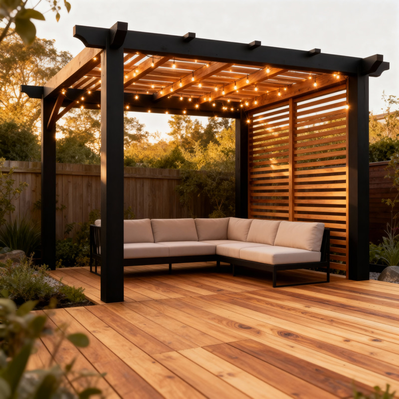 Chic Black Outdoor Lounge with Oak & Fairy Lights Chic Black Outdoor Lounge with Oak & Fairy Lights